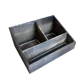 4 Compartment Sloped Dark Rustic Burnt Brown Wooden Welcome Box or Tea, Coffee, Milk, and Sugar Holder