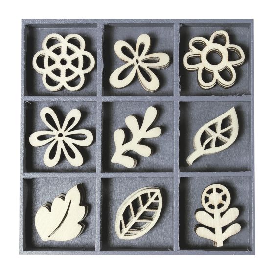 Set of 45 Wooden Floral & Leaf Fantasy Themed Laser Cut Shapes - 3cm