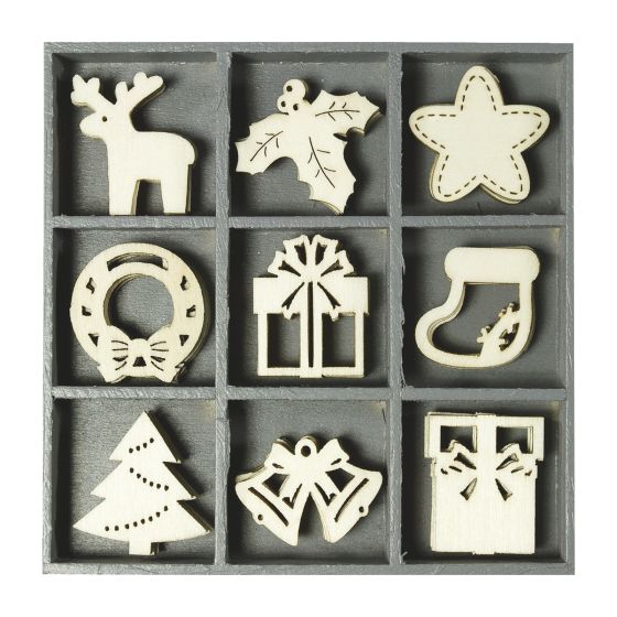 Set of 45 Wooden Wreath/Present Christmas Themed Laser Cut Shapes (no.2) - 3cm
