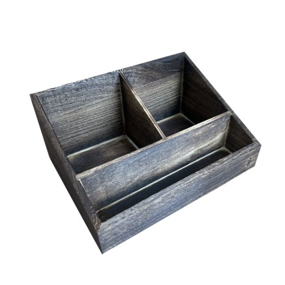 4 Compartment Sloped Dark Rustic Burnt Brown Wooden Welcome Box or Tea, Coffee, Milk, and Sugar Holder