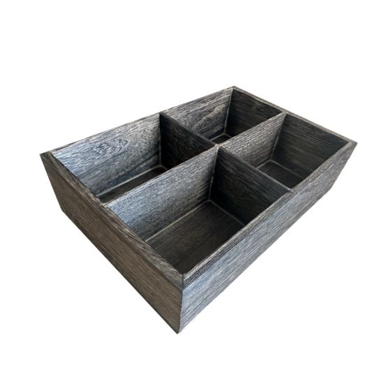 4 Compartment Open-Top Rectangular Rustic Dark Burnt Brown Wooden Tea Box or Caddy