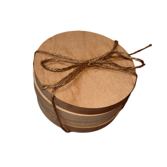 Set of 4 Solid OAK Wood Plain Round Coasters / Drinks Mats Pack - Lightly Varnished