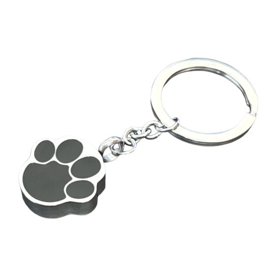 Stainless Steel Paw Shaped Memorial Ashes Keyring or Mini Urn with Black Pawprint Detail